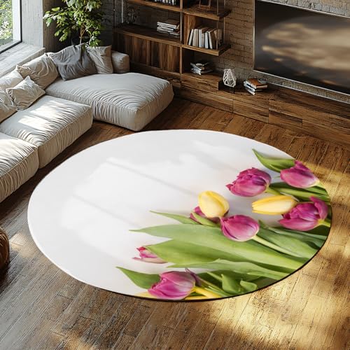WEECHAINGE Frühling Tulpe Blumen Runde Teppiche für Schlafzimmer Schmutzabweisende rutschfeste Rückseite Rosa Gelb Strauß Runder Teppich Büro Esszimmer Kinderzimmer Küchentisch 200cm von WEECHAINGE