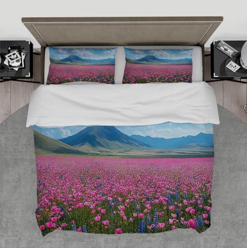 WEECHAINGE Frühling Wiese Blüte 3 Stück Bettbezug Set Rosa und Violett Wildblumen Berge Blau Himmel Gebürstete Mikrofaser Weicher Bettbezug 150x200 cm von WEECHAINGE