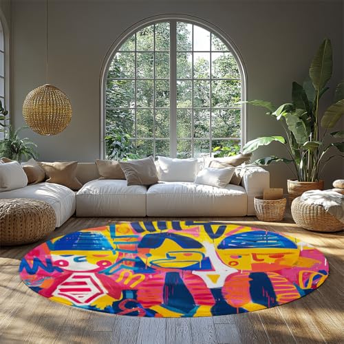 WEECHAINGE Graffiti Kinder Kunst Runde Camping Teppich Waschbar rutschfest Low Pile Kreis Wohnteppich Bunt Cartoon Street Style für Kinderzimmer Schlafzimmer Spielzimmer Wohnzimmer 180cm von WEECHAINGE