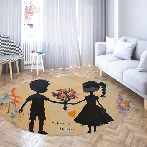 WEECHAINGE Graffiti Love Street Art Runde Teppiche für Küchenboden Maschinenwaschbar niedrigfloriger Junge und Mädchen Blumendruck Teppich für Schlafzimmer Home Office 200cm von WEECHAINGE