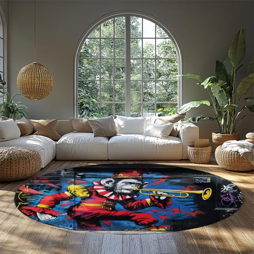 WEECHAINGE Graffiti Monkey Runde Schlafsaal Teppiche Kreis Abwaschbar Street Art Jazz Musik Clown Design Kühner Rutschfester runder Teppich für Schlafzimmer Wohnzimmer 100cm von WEECHAINGE