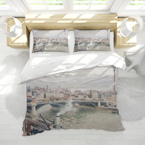 WEECHAINGE Graues Bettbezugsset Weich atmungsaktiv die ganze Saison über 3-teiliges impressionistisches Dampfschiff mit Blick auf den Fluss bedrucktes Bettwäsche-Set mit 4 Eckbindern 135x200 cm von WEECHAINGE