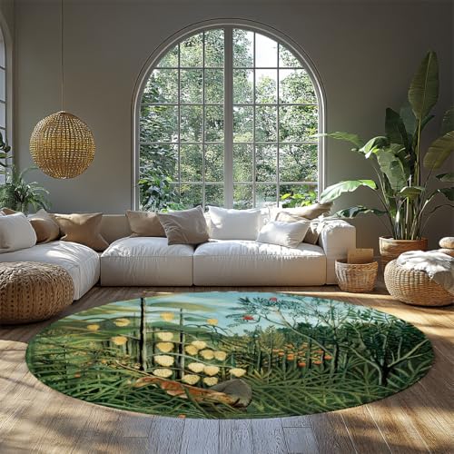WEECHAINGE Henri Rousseau Kunstwerk Druck Runde Lounge Teppich 200cm Teppiche Kurzflor Fleckenabweisender Teppich für Wohnzimmer Dschungel Teich Grün Tropischer Wald Runder Wohnteppich WEECHAINGE Henri Rousseau Kunstwerk Druck Runde Lounge Teppich 200cm Teppiche Kurzflor Fleckenabweisender Teppich für Wohnzimmer Dschungel Teich Grün Tropischer Wald Runder Wohnteppich von WEECHAINGE