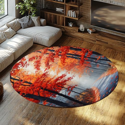 WEECHAINGE Herbst Ahornblätter Orange Runde Waschbare Küchenteppiche Dünner weicher Schlafzimmerteppich Rutschfester fleckenabweisender Kreis Akzent Teppich für Wohnzimmer Büro Esszimmer Wald 180cm von WEECHAINGE