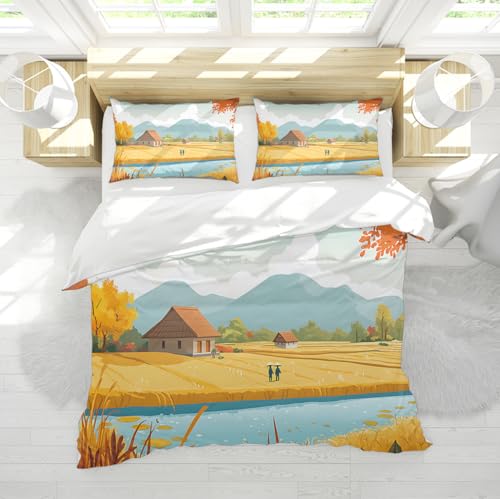 WEECHAINGE Herbst Landhausstil Bettbezug Set Weich Leicht Gewaschen Mikrofaser Herbst Ernte Goldgelb Reis Felder Cottages Bettbezug 155x220 cm WEECHAINGE Herbst Landhausstil Bettbezug Set Weich Leicht Gewaschen Mikrofaser Herbst Ernte Goldgelb Reis Felder Cottages Bettbezug 155x220 cm von WEECHAINGE