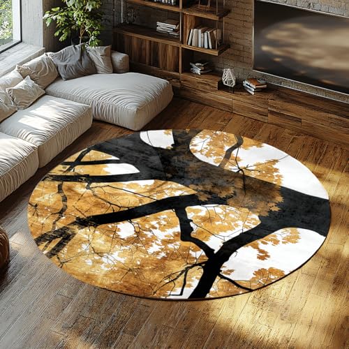 WEECHAINGE Herbstbaum Schwarz Gold Runder Teppich für Schlafzimmer Wohnzimmer Arbeitszimmer Rutschfester moderner Wohnteppich Home Decor Spielzimmerteppich Minimal zeitgenössischer Naturakzent 80cm von WEECHAINGE
