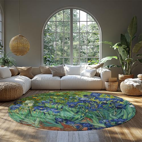 WEECHAINGE Iris im Garten runder Teppich 150cm berühmtes Bild Malerei Druck auf Kreis Küchenteppiche rutschfest waschbar Faltbarer moderner Blumenbodenteppich für Esszimmer Badezimmer von WEECHAINGE