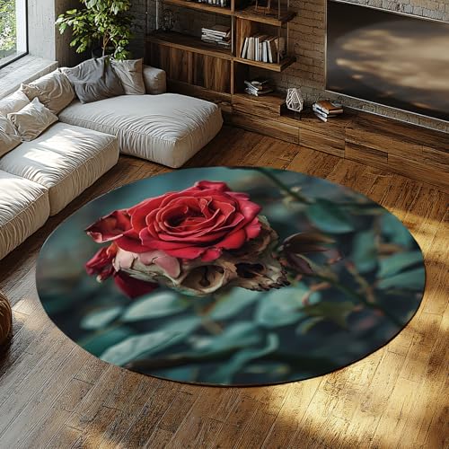 WEECHAINGE Kollektion Area Teppich Rund Anthrazit Blaugrün Rot Moderne Abstrakte Blumen Schädel Kunst Nicht Haarausfall Pflegeleicht für stark frequentierte Bereiche Esszimmer 90cm von WEECHAINGE