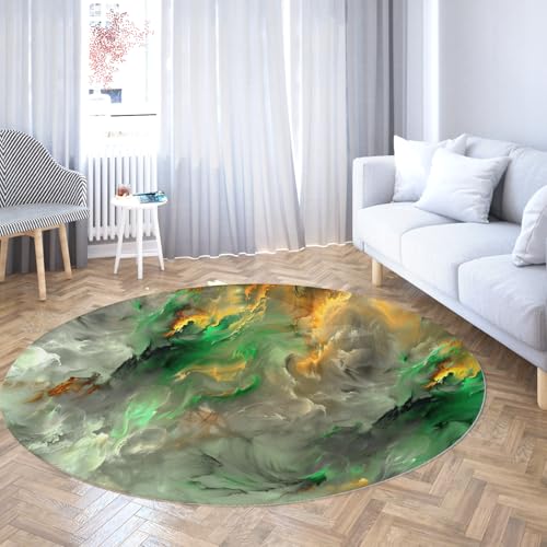 WEECHAINGE Kreis Kinderzimmerteppich Spielzimmer rutschfest waschbar Kurzflor Abstrakt Grün Grau Gold Wirbel Moderner Nachttisch Boden Teppich Essbereich Wohnkultur 135cm von WEECHAINGE