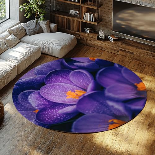 WEECHAINGE Kreis Runde Küchenteppiche Lila Blume Makro Blütendruck Rutschfester niedriger Flor Kleiner Flächenteppich für Schlafzimmer Badezimmer Eingangsbereich Kinderzimmer Büro Schlafsaal 135cm von WEECHAINGE