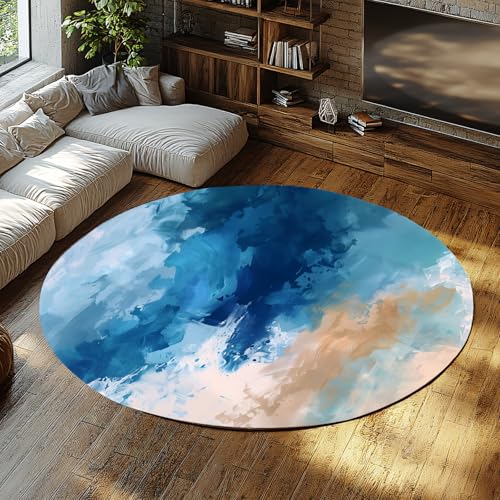 WEECHAINGE Küste Ozean Blau Beige Aquarell Runde Büro Teppich Wohnzimmer rutschfest Nicht Verschütten Abstrakte Moderne Nachttisch Pflegeleichte Spielzimmer Teppiche 80cm von WEECHAINGE