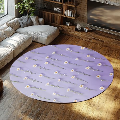 WEECHAINGE Lavendel lila runder Esszimmerteppich weiße Gänseblümchen Blumen grüne Stiele Frühling Blumen botanischer Kreis große Teppiche für Elegante Wohnkultur 135cm von WEECHAINGE