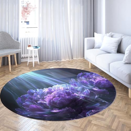 WEECHAINGE Lila Blumen runder Schlafzimmerteppich Kreis waschbare Flächenteppiche für Badezimmer Wohnzimmer Badezimmer Boho Kleiner Rutschfester Faltbarer runder Teppich 150cm von WEECHAINGE
