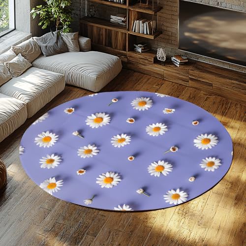 WEECHAINGE Lila Runde Teppiche für Küchenboden Weiße Gänseblümchen Blumen Gelbe Zentren Frühling Blumenblüte Fleckenabweisender Flurteppich Esszimmer Dekor 135cm von WEECHAINGE
