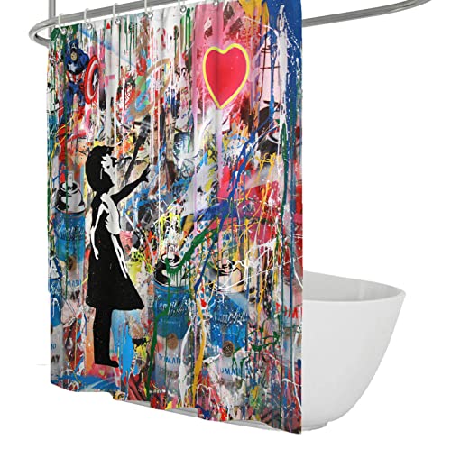 WEECHAINGE Mehrfarbige Graffiti Pop Art Duschvorhänge Banksy-Stil Ballon Mädchen Dusche Showroom Innenvorhang für Badezimmer Duschkabine Rot B120xL200cm von WEECHAINGE