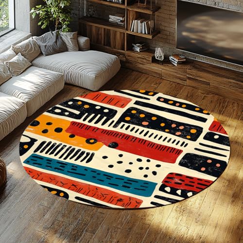 WEECHAINGE Mehrfarbiger runder Teppich für Kinderzimmer großer Kreis waschbare Flächenteppiche Schlafzimmer Wohnzimmer Badezimmer Boho Rutschfester Wohnteppich Retro abstrakt geometrisch 60cm von WEECHAINGE