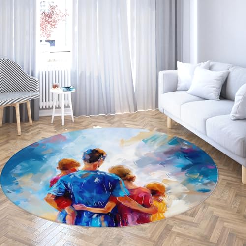 WEECHAINGE Moderne abstrakte Family Art Design Collection Runder Teppich blau Nicht haarend Pflegeleicht für stark frequentierte Bereiche im Wohnzimmer Schlafzimmer 90cm von WEECHAINGE