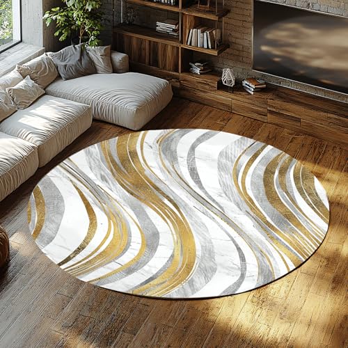 WEECHAINGE Moderner Abstrakter Goldener Wellenmuster runder Teppich Luxus Marmor Textur Bereich Teppich für Wohnzimmer Schlafzimmer weicher Rutschfester Kreis Fußmatte 80cm von WEECHAINGE