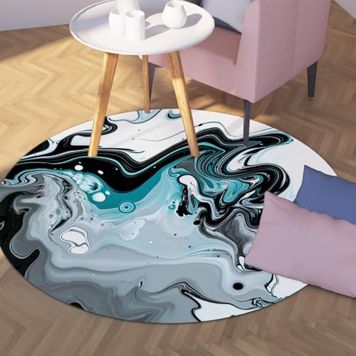 WEECHAINGE Moderner Abstrakter Marmor Wirbelmuster Runder Teppich Schwarz Grau Blaugrün Maschinenwaschbarer Rutschfester Teppich für Büro Spielzimmer Bodenakzent 120cm von WEECHAINGE