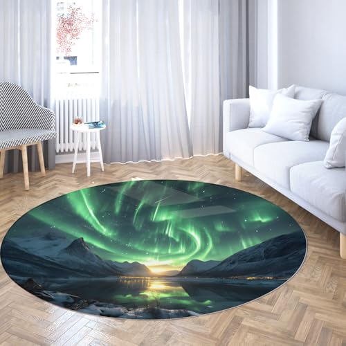 WEECHAINGE Neongrün und Smaragd Kreis Wohnzimmerteppiche Nordlichter Golden Sunset Schneeberg Rutschfester Fester runder Klassenzimmerteppich 180cm von WEECHAINGE