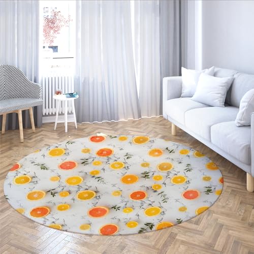 WEECHAINGE Orange Zitrusfrüchte runde Teppiche für die Küche Frisches Obstmuster Flanell Rutschfester Teppich für Esszimmer Sommer Wohnkultur mit Blattdesign 150cm von WEECHAINGE