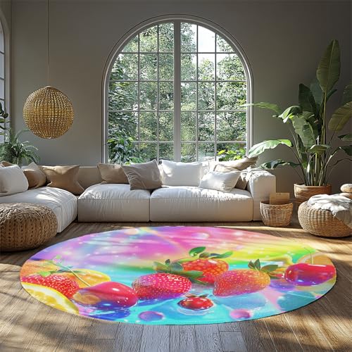WEECHAINGE Regenbogenfrucht Runder Teppich Bunt Glänzend Erdbeer Kirschdruck Kreis Teppich Waschbare rutschfeste Spielmatte Für Kinderzimmer Jungen Mädchen Schlafzimmer 100cm von WEECHAINGE