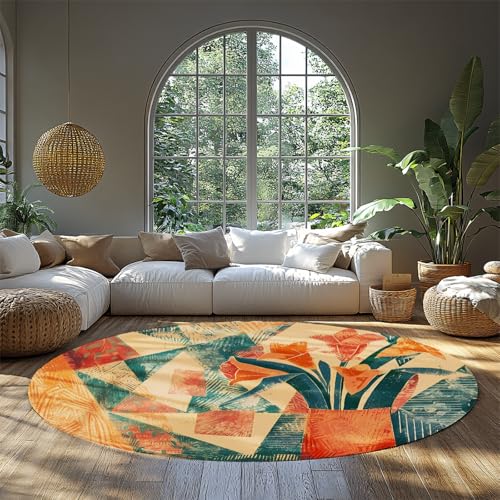 WEECHAINGE Retro Abstrakter Blumen Arbeitszimmer Runder Teppich im Collage-Stil Weicher niedrigfloriger Kreisteppich mit orangefarbenem und blaugrünem Druck Maschinenwaschbar 100cm von WEECHAINGE