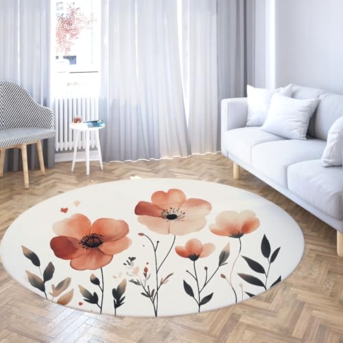 WEECHAINGE Retro Runder Teppich Waschbar Moderne Kleine Kreis Teppiche für Wohnzimmer rutschfeste Schlafzimmer Niedriger Flor Leichter Aquarell Blumen Wurf Wohnteppich Esszimmer Küche Büro 160cm von WEECHAINGE