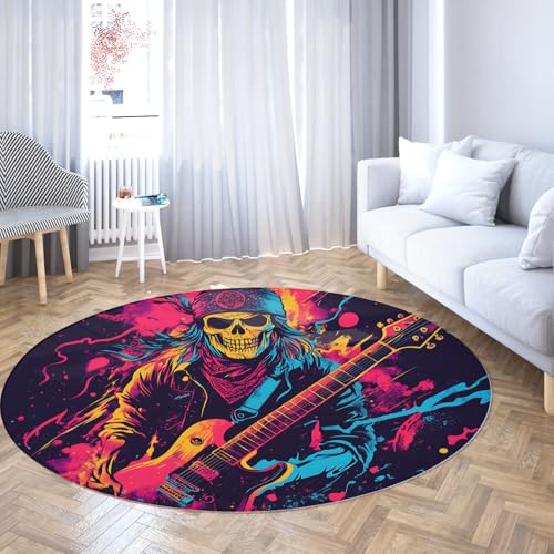 WEECHAINGE Rock Skull Runder Esszimmerteppich Kleine abwaschbare Gitarrist Graffiti Kreis Teppich rutschfeste Fett Musik Kunst Matte für Wohnzimmer Wohnheim Studio 180cm von WEECHAINGE