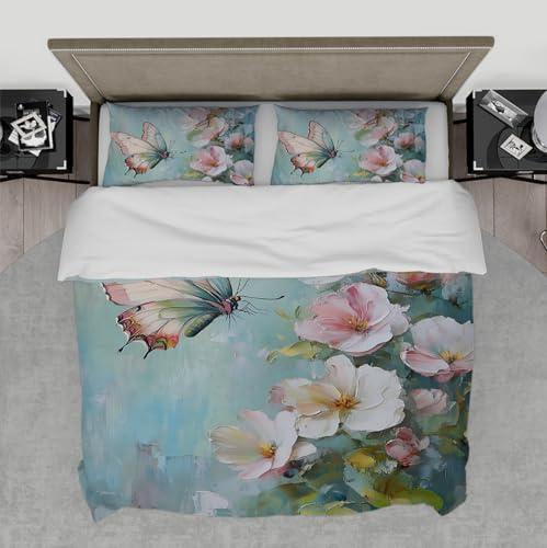 WEECHAINGE Romantisches Ölgemälde Bettbezug Traumhafter Pastell Schmetterling Blumen Bettdecke Bezugsset mit 4 Krawatten Reißverschluss für Mädchenzimmer 155x220 cm WEECHAINGE Romantisches Ölgemälde Bettbezug Traumhafter Pastell Schmetterling Blumen Bettdecke Bezugsset mit 4 Krawatten Reißverschluss für Mädchenzimmer 155x220 cm von WEECHAINGE