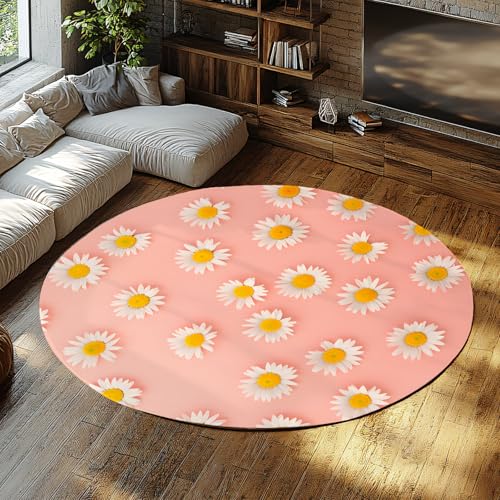 WEECHAINGE Rosa Gänseblümchen runder Balkonteppich Blumendruck waschbar schmutzabweisende Blume Cottagecore Stil große Teppiche für Wohnzimmer Kinderzimmer Kinder Schlafsaal 200cm von WEECHAINGE