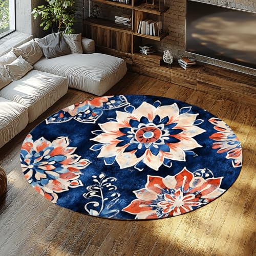 WEECHAINGE Rosa runder Teppich Großer Kreis waschbare Flächenteppiche für Schlafzimmer Wohnzimmer Badezimmer Boho Rutschfester Wohnteppich Marineblau Blumen mit Rouge & Koralle Akzente 120cm von WEECHAINGE