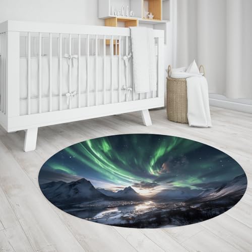 WEECHAINGE Runde Aurora Borealis Waschbare Teppiche Smaragdgrün und Amethyst Nord Deep Night Blue Sky Mountain Silhouette Rutschfester Küchenteppich 240cm von WEECHAINGE