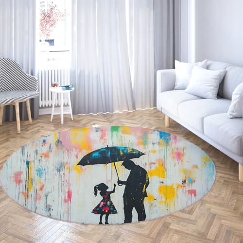 WEECHAINGE Runde Nachttischteppiche Vintage Graffiti Regenschirm Silhouette Drip-Art Mehrfarbig Distressed Design Waschbar Rutschfester niedriger Flor dünner Kreis Teppich für Eingangsbereich 100cm von WEECHAINGE