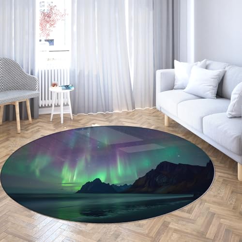WEECHAINGE Runde Violette und smaragdgrüne Aurora Schlafzimmerteppich Sternenhimmel Ozean Reflexion waschbare Faltbare kreisförmige Teppiche für Kinderzimmer Kabine Dekor 120cm von WEECHAINGE
