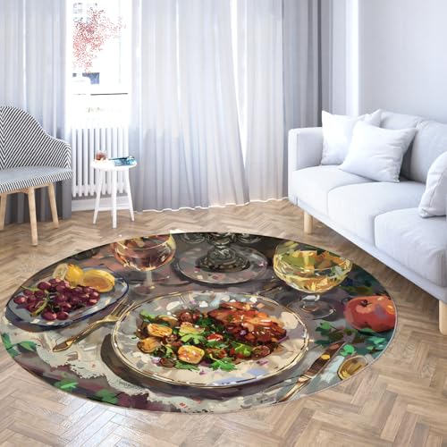 WEECHAINGE Runde maschinenwaschbare Teppiche Lebensmittel Kunst Esstisch Druck Kreis Teppich für Küche Schlafzimmer Wohnzimmer Eingangsbereich dekorativer Akzent 135cm von WEECHAINGE