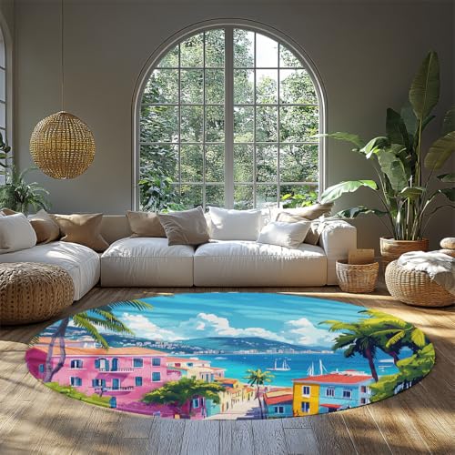 WEECHAINGE Runde mediterrane Kinderteppiche Bunte Küste Blau Kreis Nachttischteppich für Schlafzimmer Schlafsaal Wohnzimmer Niedlicher Bereich Teppich Bodenmatte Fußmatte Wohnteppich 100cm von WEECHAINGE