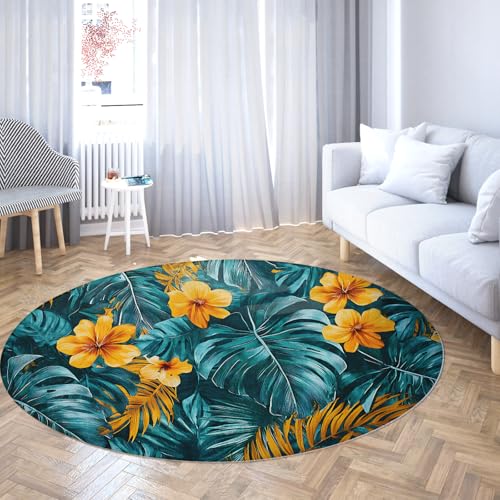 WEECHAINGE Runde waschbare Teppiche für Wohnzimmer Kreis Teppich Low Flor Tropical Leaf Hibiskus Blumenteppich Rutschfester Akzent für Kinderzimmer Kinderzimmer 90cm WEECHAINGE Runde waschbare Teppiche für Wohnzimmer Kreis Teppich Low Flor Tropical Leaf Hibiskus Blumenteppich Rutschfester Akzent für Kinderzimmer Kinderzimmer 90cm von WEECHAINGE