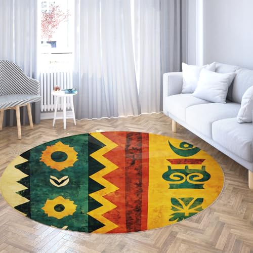 WEECHAINGE Runder Balkonteppich Maschinenwaschbar Kreis Vintage Blumen & Stamm Geometrisch rutschfest mit Gummirücken Dünner Teppich für Schlafzimmer Wohnzimmer Esszimmer Eingangsbereich 200cm von WEECHAINGE