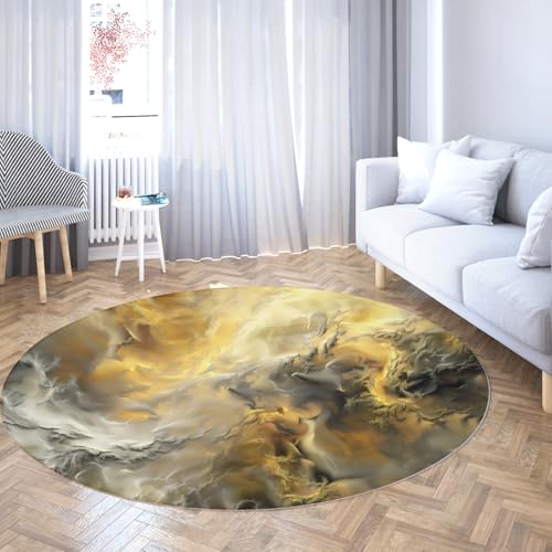 WEECHAINGE Runder Bodenteppich Schlafzimmer rutschfest abwaschbar Kurzflor abstrakt Gold gelb grau Marmor Wirbel Wohnzimmer Pflegeleichte Küchenteppiche 100cm von WEECHAINGE