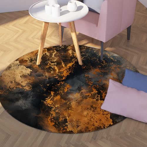 WEECHAINGE Runder Bodenteppich Wohnzimmer rutschfest abwaschbar dünn abstrakt schwarz Kupfer Gold Marmor Schlafzimmer Flur Teppiche Zuhause Couchtisch Dekor 80cm von WEECHAINGE