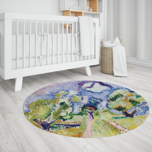 WEECHAINGE Runder Flurteppich 120cm Sunlit Orchard Path Maschinenwaschbar Rutschfester schmutzabweisender Kreis Große Teppiche für Konversation Grube Home Library Penthouse Lounge Fenster Lookout von WEECHAINGE