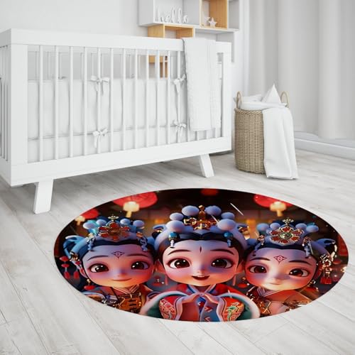WEECHAINGE Runder Kinderteppich im chinesischen Stil Rutschfester niedriger Flor dünner Kreis Teppich Cartoon Festival Akzent Teppich für Kinderzimmer Schlafzimmer Wohnzimmer Spielzimmer 90cm von WEECHAINGE