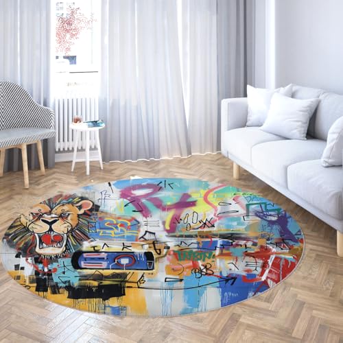WEECHAINGE Runder Küchenteppich Waschbare Kreisteppiche Löwe Street Art Rutschfester niedriger Flor Kleiner Teppich für Schlafzimmer Badezimmer Eingangsbereich Kinderzimmer Büro — Mehrfarbig 80cm von WEECHAINGE