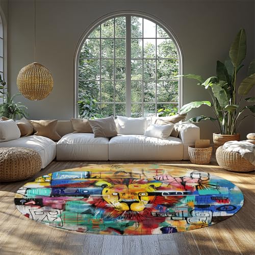WEECHAINGE Runder Schlafzimmerteppich Waschbare Kreisteppiche Löwe Graffiti Rutschfester niedriger Flor Kleiner Teppich für Badezimmer Eingangsbereich Kinderzimmer Büro Bunt Rot/Blau/Gelb 60cm WEECHAINGE Runder Schlafzimmerteppich Waschbare Kreisteppiche Löwe Graffiti Rutschfester niedriger Flor Kleiner Teppich für Badezimmer Eingangsbereich Kinderzimmer Büro Bunt Rot/Blau/Gelb 60cm von WEECHAINGE