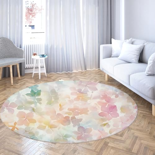 WEECHAINGE Runder Teppich Waschbare Kreisteppiche rutschfeste niedrigflorige Pastell-Aquarell-Blumen-kleine kreisförmige Matte für Schlafzimmer Badezimmer Eingangsbereich Kinderzimmer Büro 150cm von WEECHAINGE