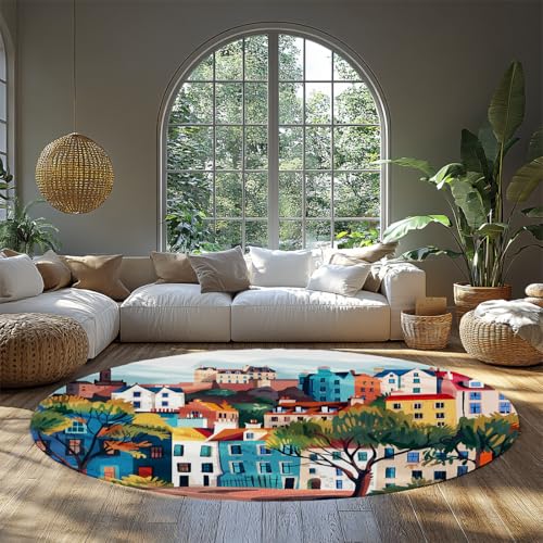 WEECHAINGE Runder Teppich waschbar rutschfest Vintage Distressed Stadtbild Dorf Druck Muster Wohnteppich für Wohnzimmer Schlafzimmer Esszimmer Teal Senf Koralle Marine Grüne Häuser Illustration 160cm von WEECHAINGE