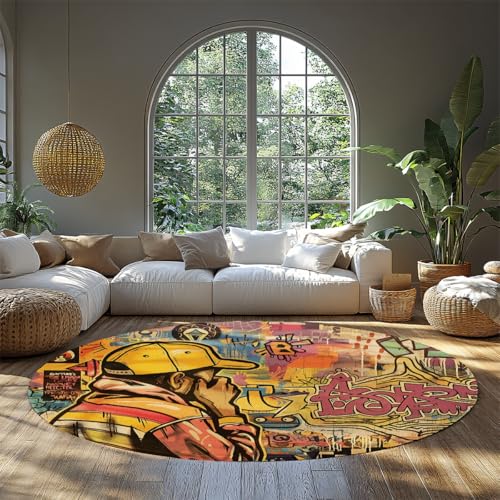 WEECHAINGE Runder mehrfarbiger Street Art Graffiti Non-Shedding Area Teppich für Wohnzimmer Esszimmer Schlafzimmer Foyer Gelb Rosa Blau Schwarz Beige Klassenzimmerteppiche 80cm von WEECHAINGE