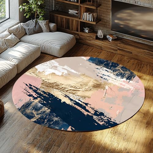 WEECHAINGE Rutschfester runder Teppich Wohnzimmer Maschinenwaschbar niedriger Flor Modern abstrakt Marineblau Rosa Beige Pinselstrich Gold Nachttisch Große Teppiche 180cm von WEECHAINGE