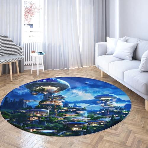 WEECHAINGE Sci Fi City Runde Teppiche Waschbar rutschfest Weiches futuristisches Galaxie-Design Blauer Teppich für Schlafzimmer Wohnzimmer Kinderzimmer Gaming Dekor 60cm von WEECHAINGE